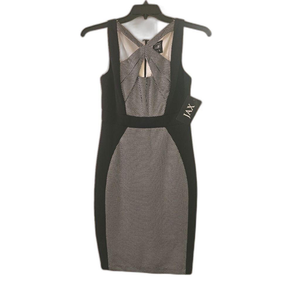 New Y2K JAX Dress Sz 6 black white Bodycon cocktail with criss cross neckline